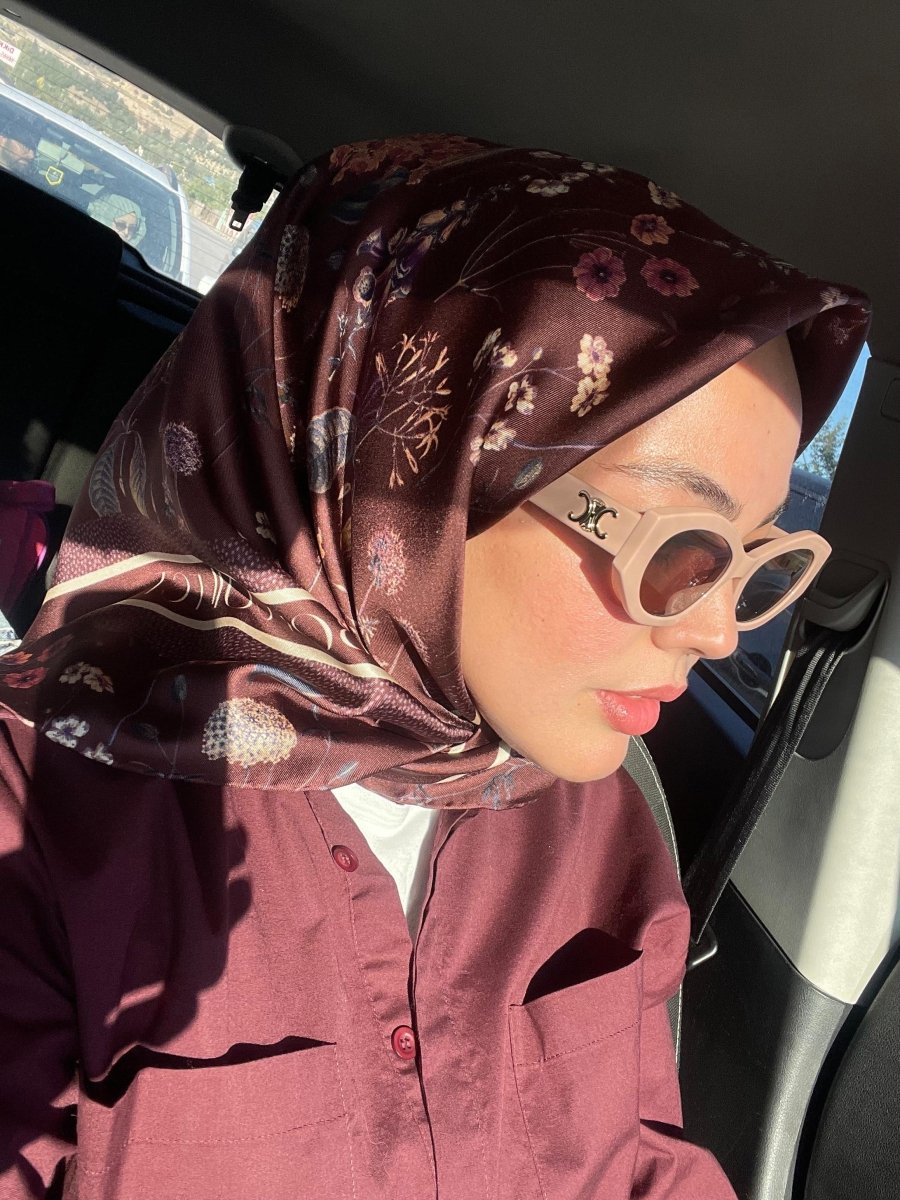 Floral Twill İpek Eşarp Bordo