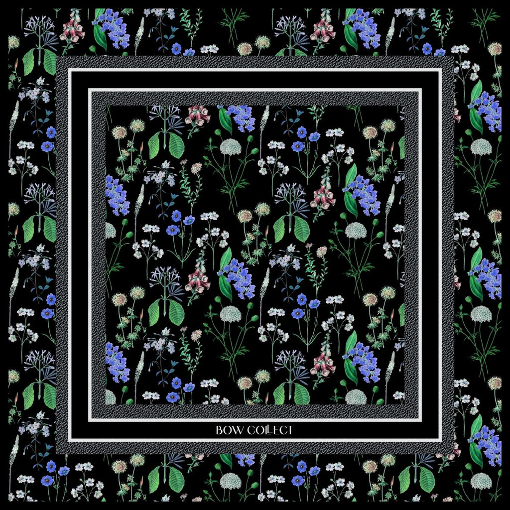 Floral Twill İpek Eşarp Siyah