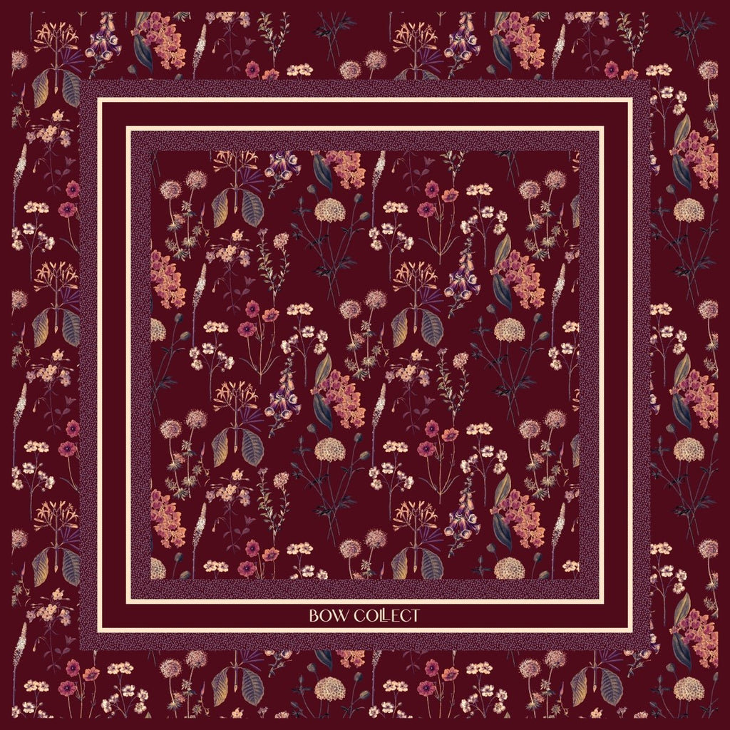 Floral Twill İpek Eşarp Bordo