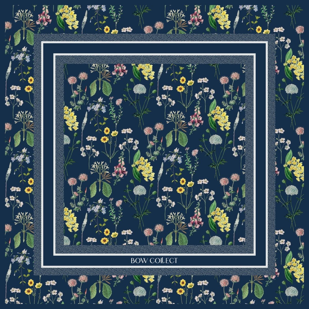 Floral Twill İpek Eşarp Lacivert