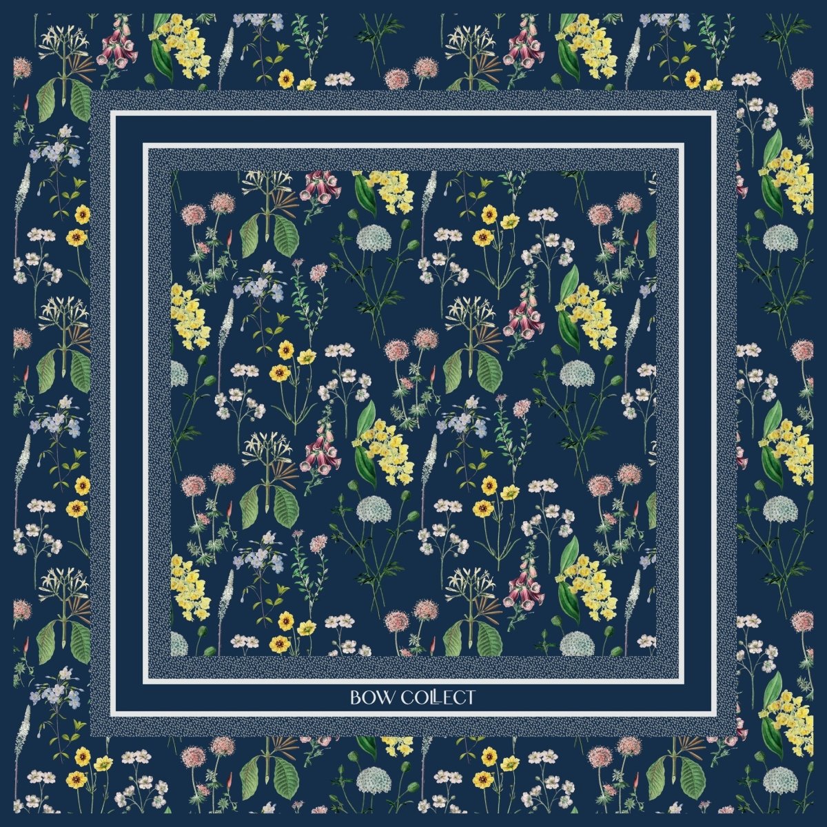 Floral Twill İpek Eşarp Lacivert