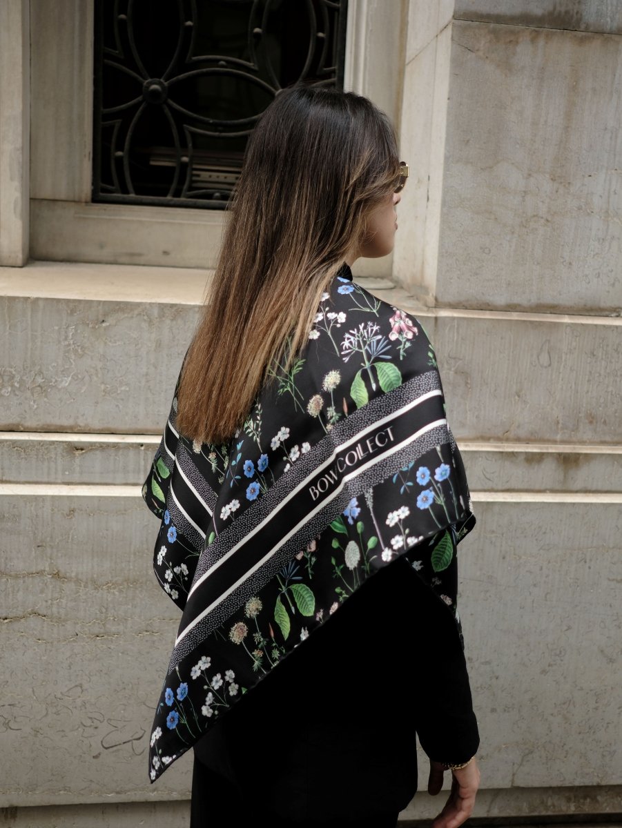 Floral Twill İpek Eşarp Siyah