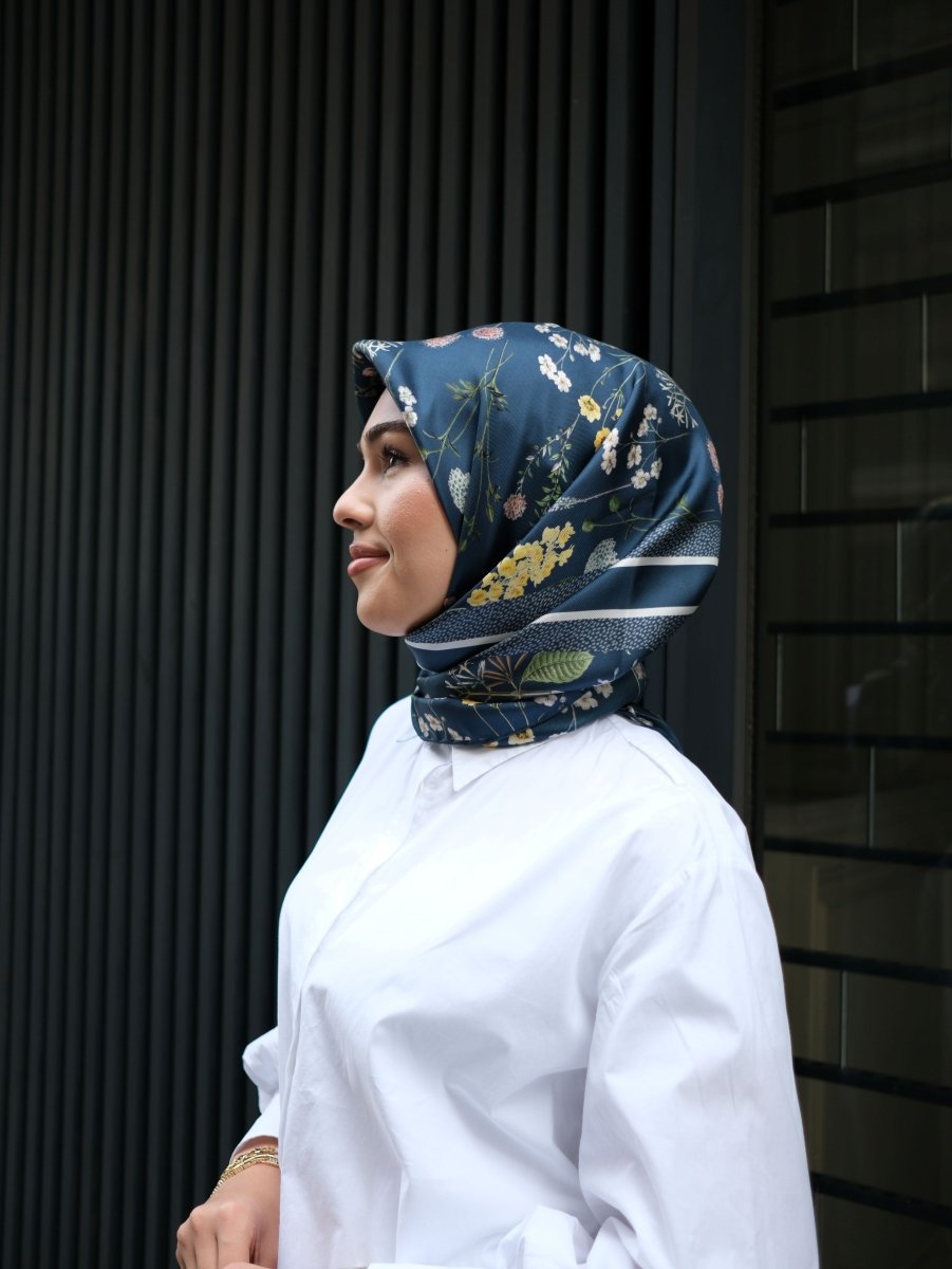 Floral Twill İpek Eşarp Lacivert