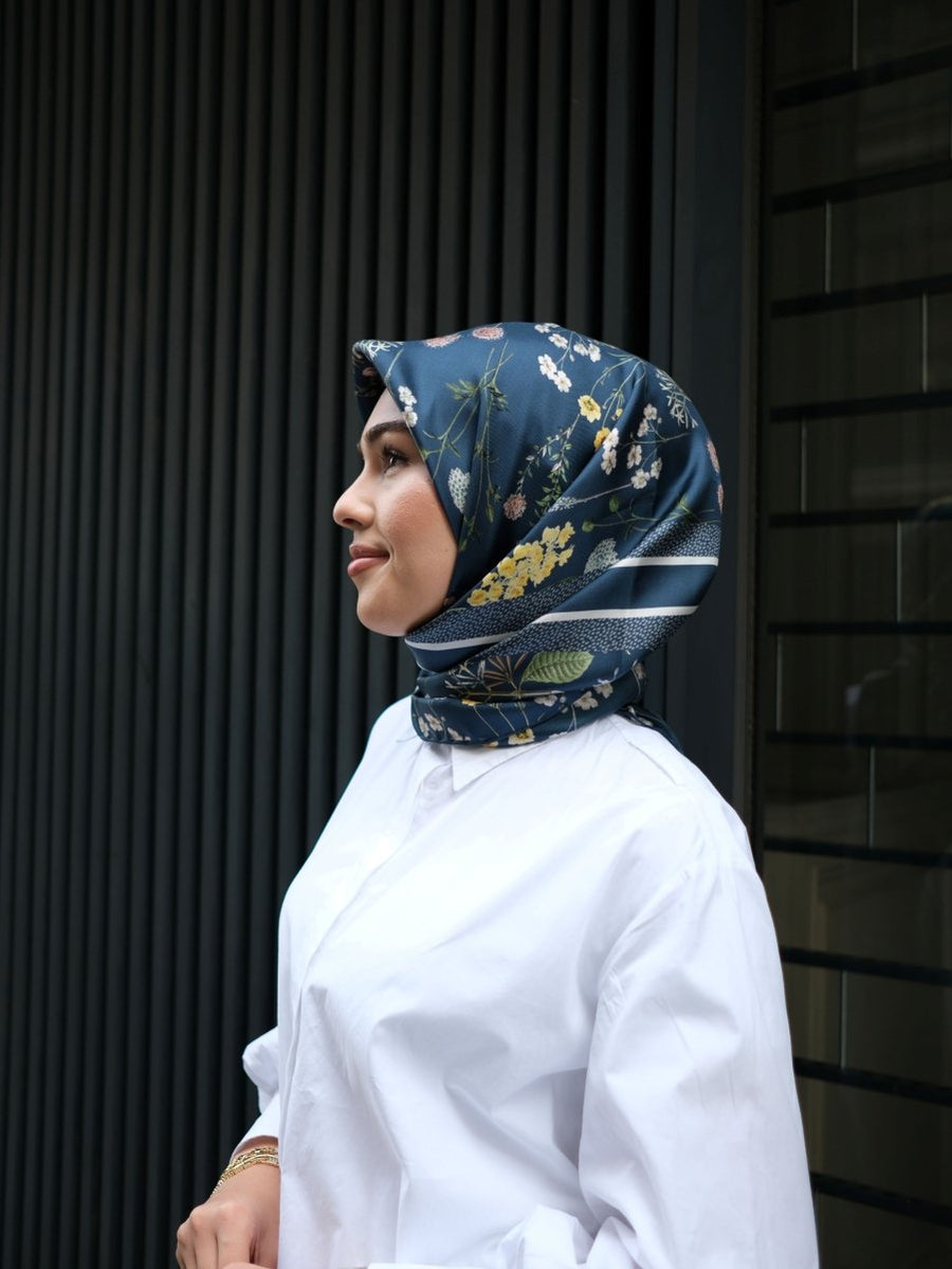 Floral Twill İpek Eşarp Lacivert