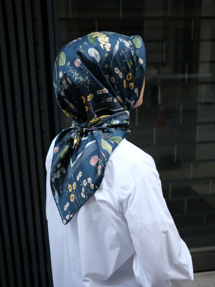 Floral Twill İpek Eşarp Lacivert
