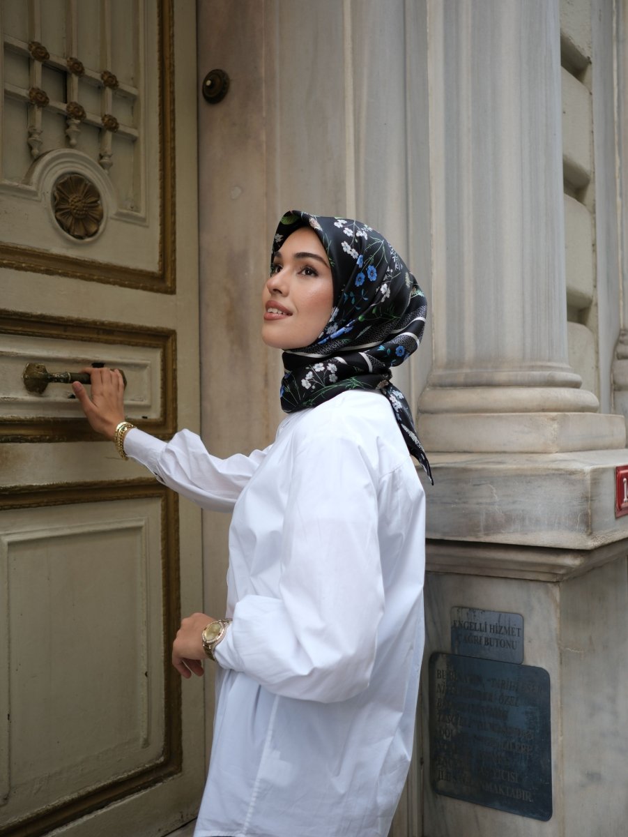 Floral Twill İpek Eşarp Siyah