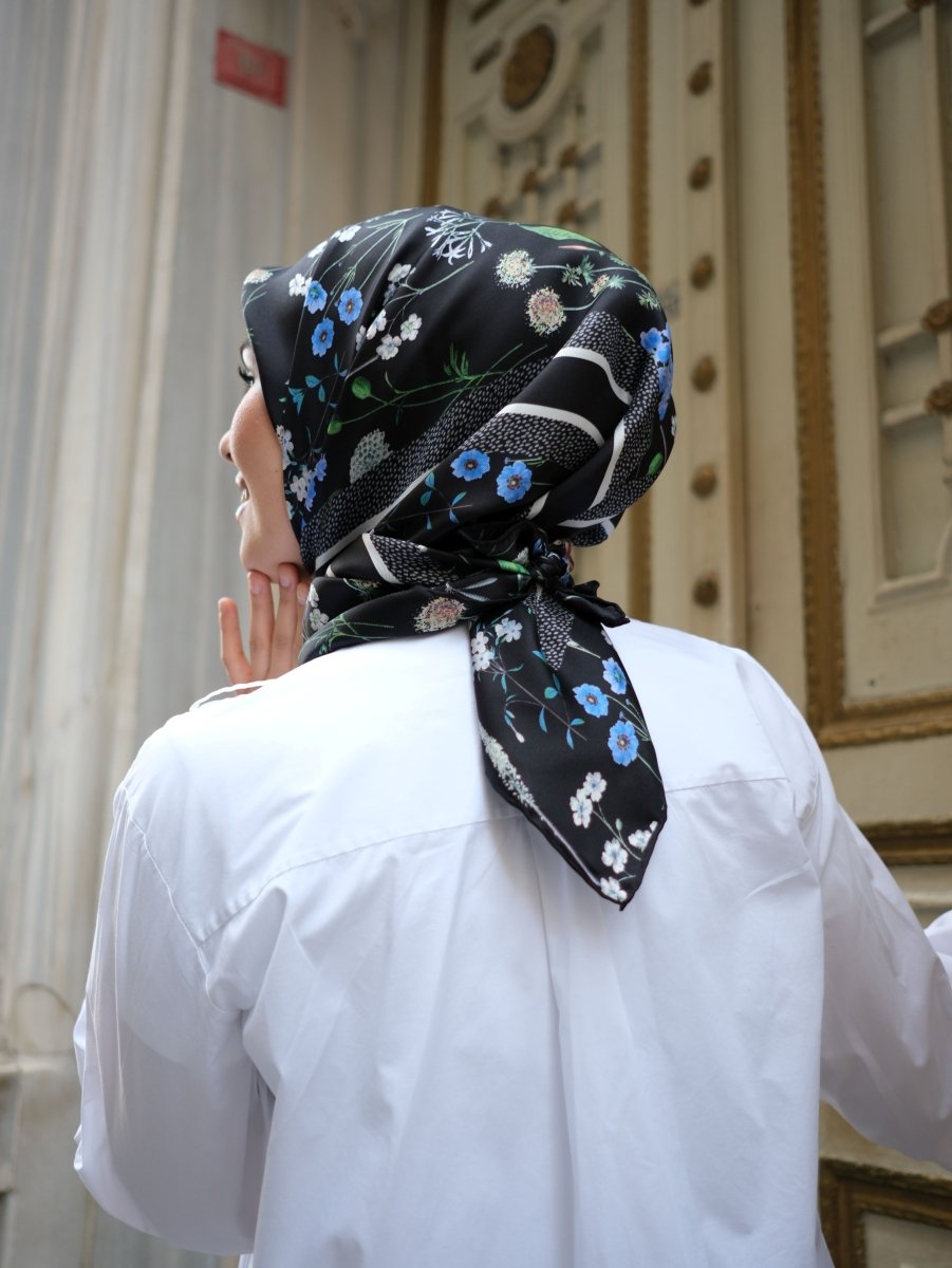Floral Twill İpek Eşarp Siyah