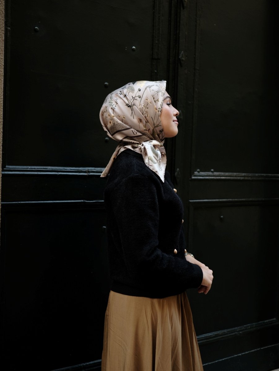 Floral Twill İpek Eşarp Bej