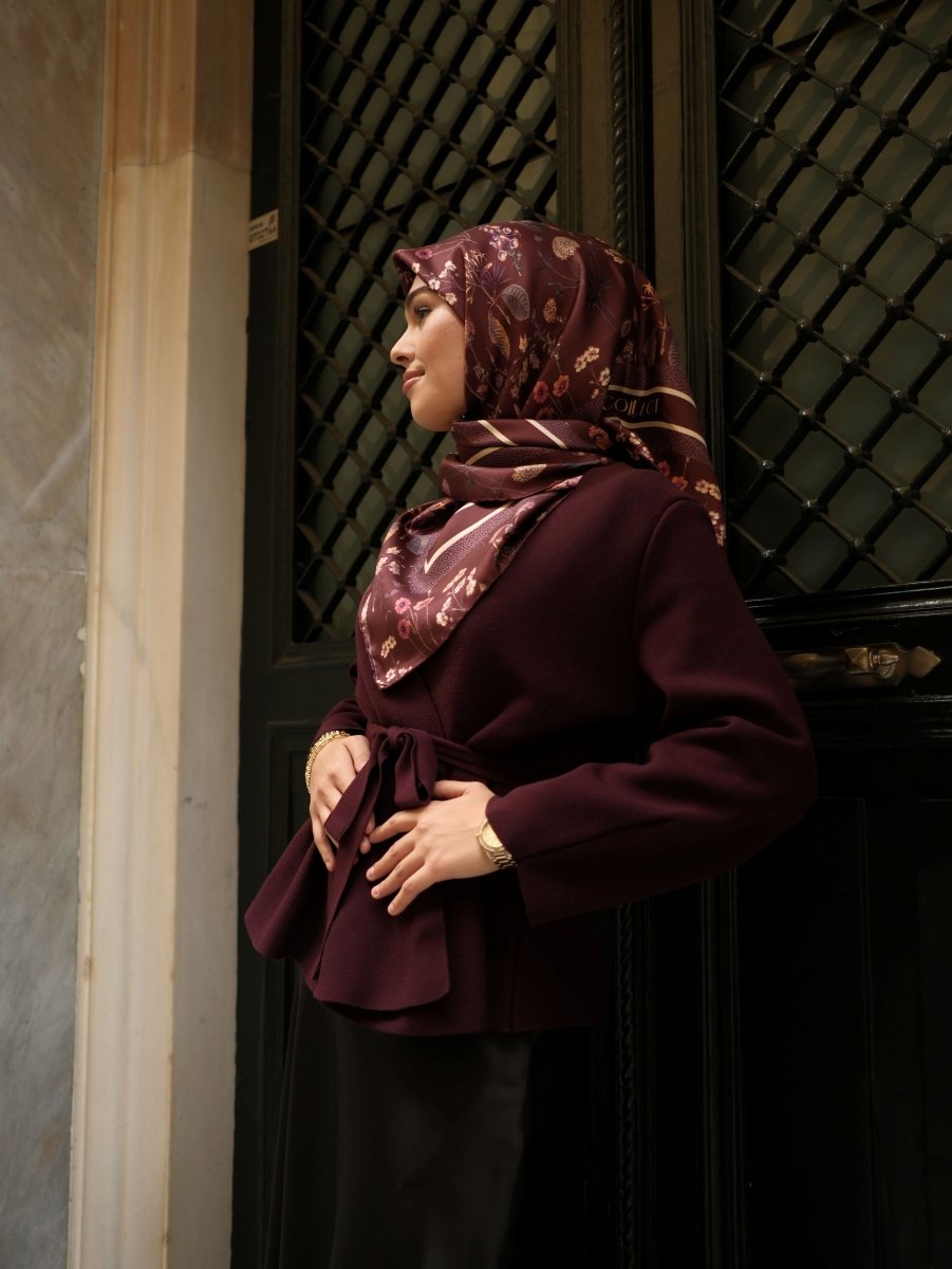 Floral Twill İpek Eşarp Bordo